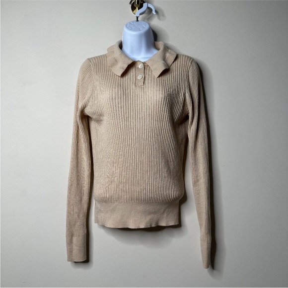 J. Crew Ruffle-Collar Ribbed Merino Wool Polo Sweater medium warm almond cream - Picture 2 of 7